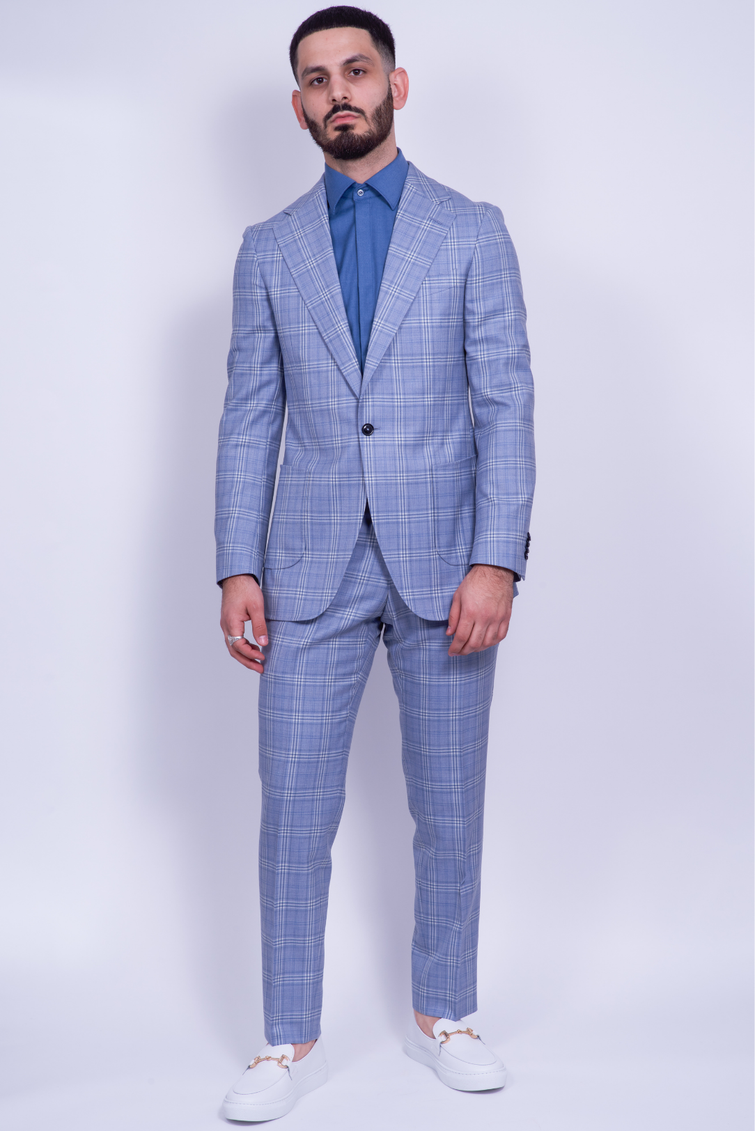 Blue Plaid Single Breasted Wool Suit
